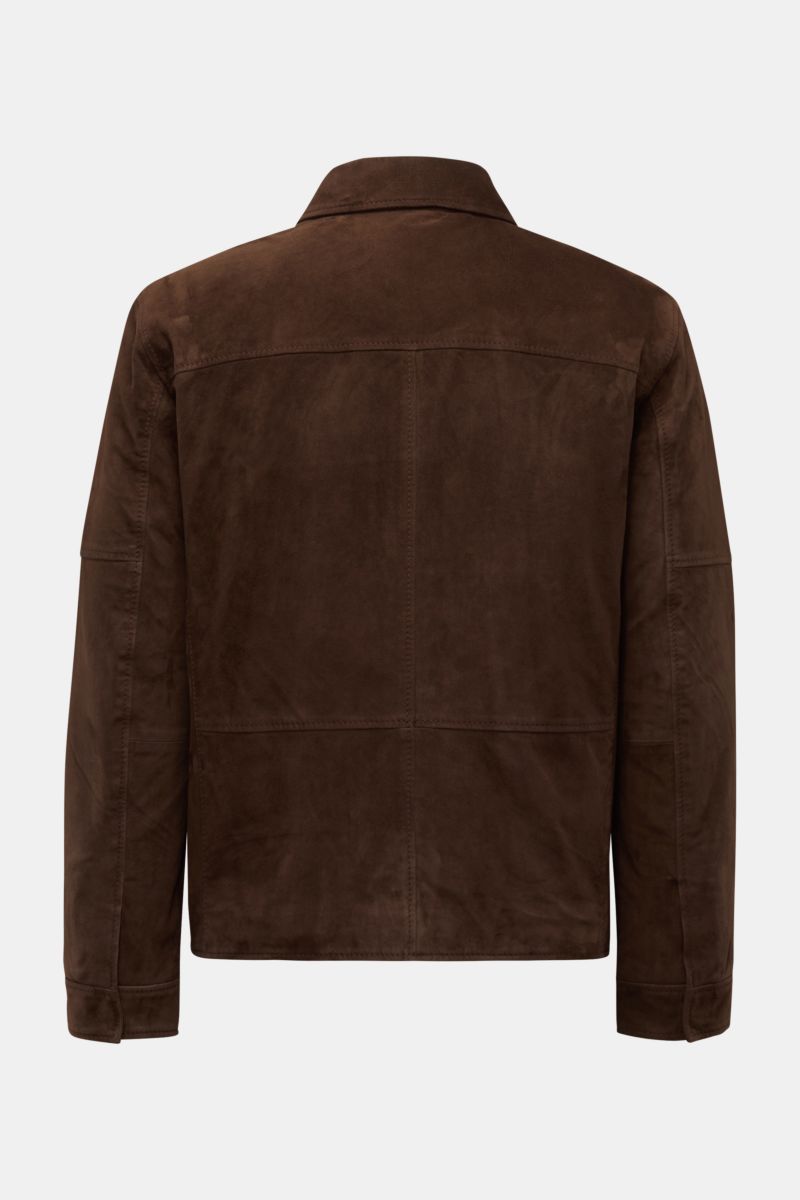 Rear view of Windsor Veloursleder Blouson 'Borello' dunkelbraun, a dark brown slim fit suede leather jacket made from fine velour goat leather, featuring a standing collar, fine zipper, elastic hem and rib knit cuffs, with smooth lining and two inner pock