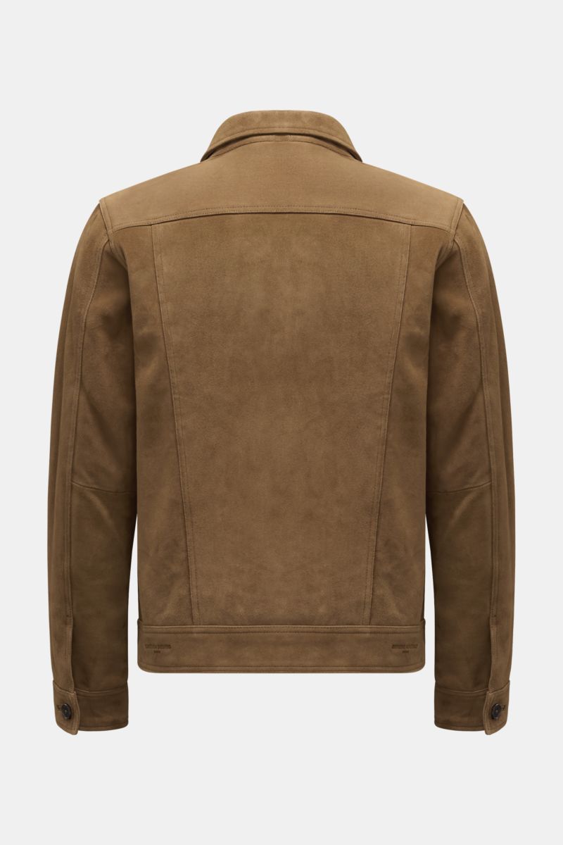 Officine Générale Jacke 'Hamilton' braun shown from the back, made of reine Wolle with weicher Griff, Slim Fit, Umlegekragen, Fünf-Knopf-Leiste, aufgesetzte Brusttasche, ungefüttert.