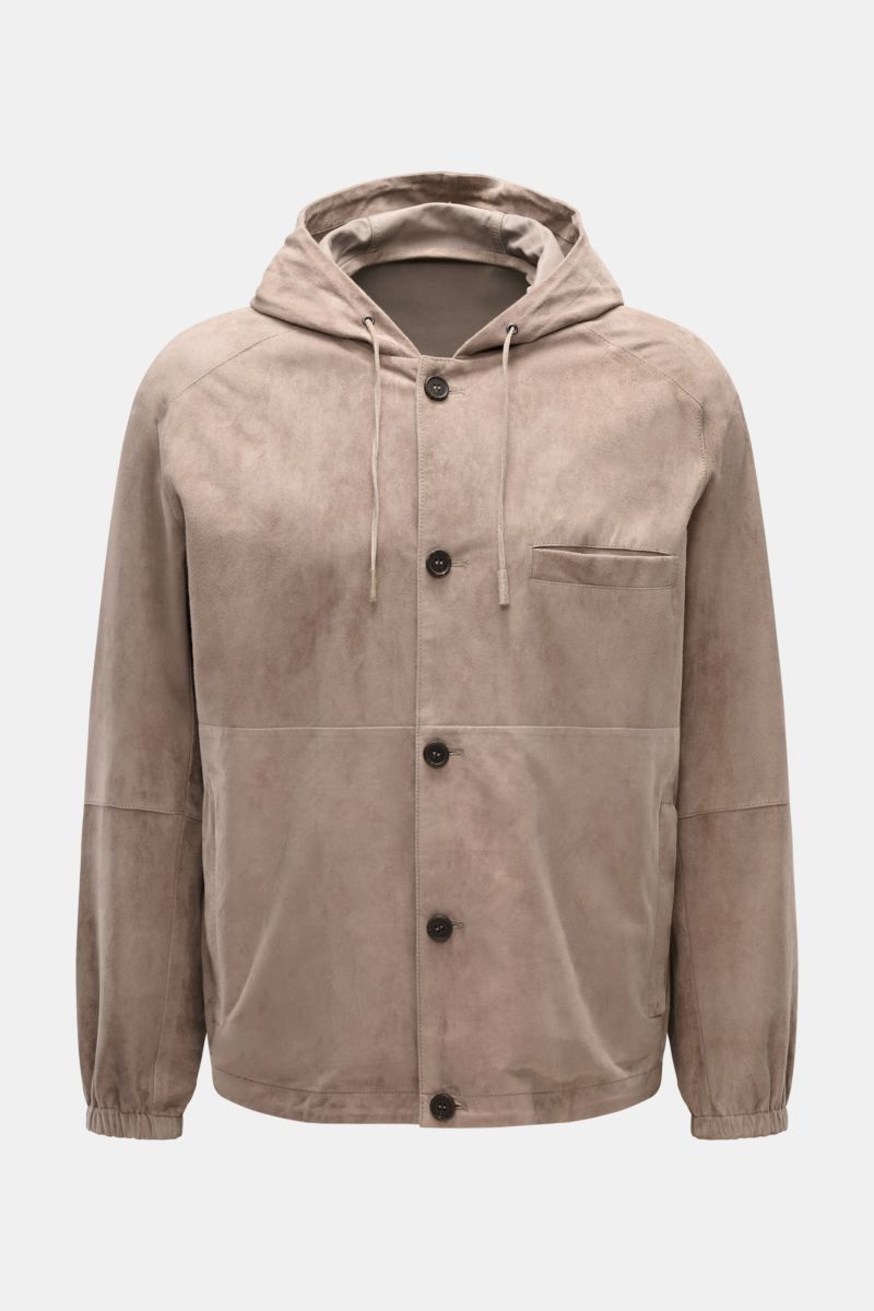 Front view of Emporio Armani Velourslederjacke taupe, a slim fit taupe suede jacket with hood, five-button placket, chest pocket, zipper pockets, raglan sleeves, elastic cuffs, and adjustable hem. Urban allrounder crafted from soft goat leather with a pra