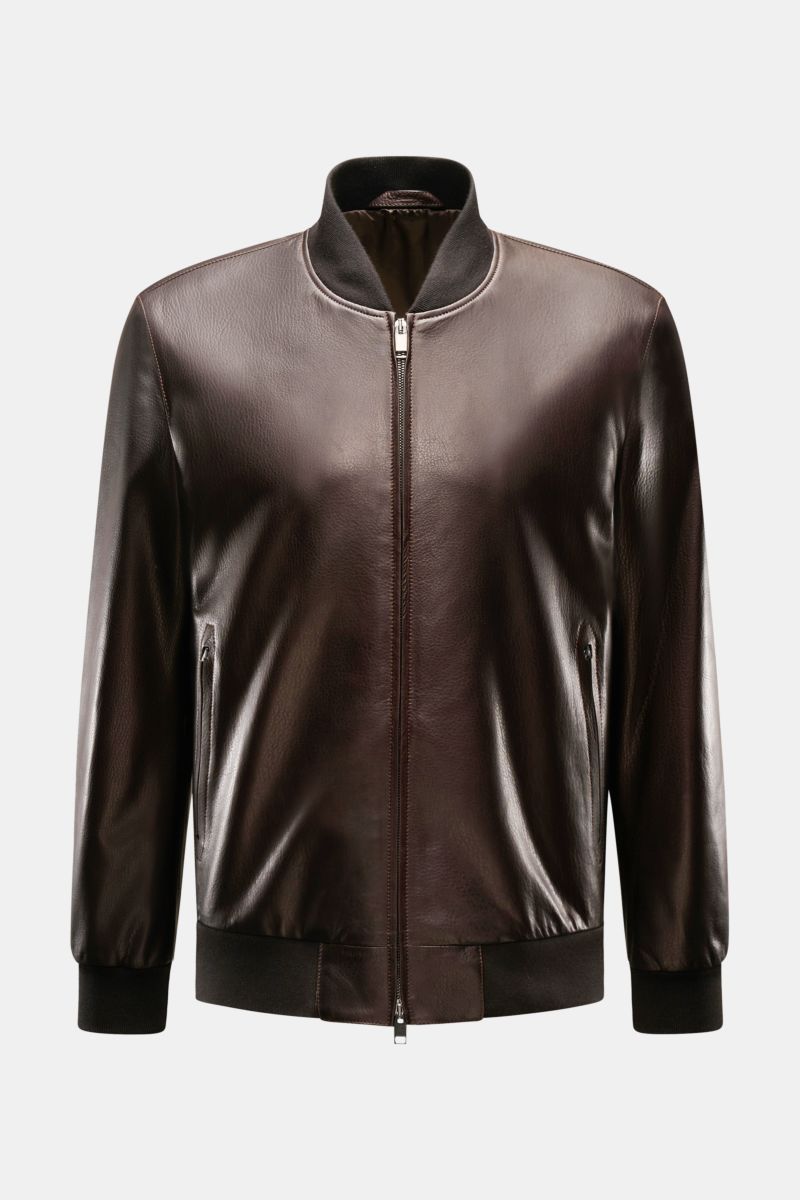 Front view of Brioni Leather blouson 'Plad' dark brown in elegant lambskin leather with slim fit, two-way zip, zip pockets, elastic cuffs and hem.