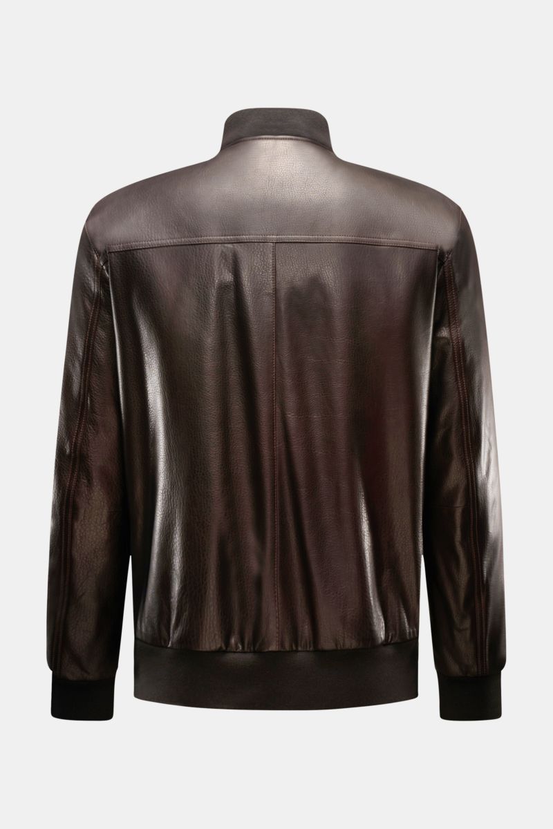 Back view of Brioni Leather blouson 'Plad' dark brown in elegant lambskin leather with slim fit, elastic hem, and smooth finish.