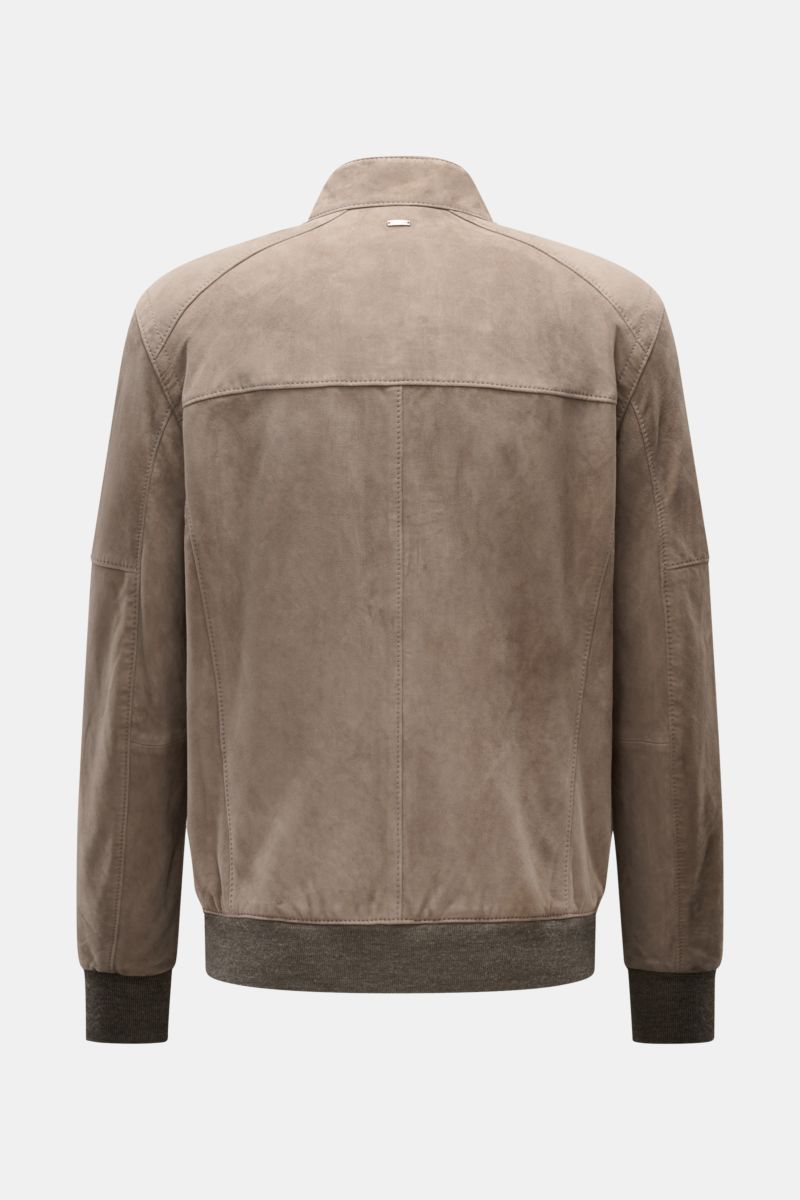 Windsor Lederblouson 'Borello' taupe, Slim Fit aus softem Veloursleder, Rückansicht mit Stehkragen, elastischen Bündchen, Reißverschluss.