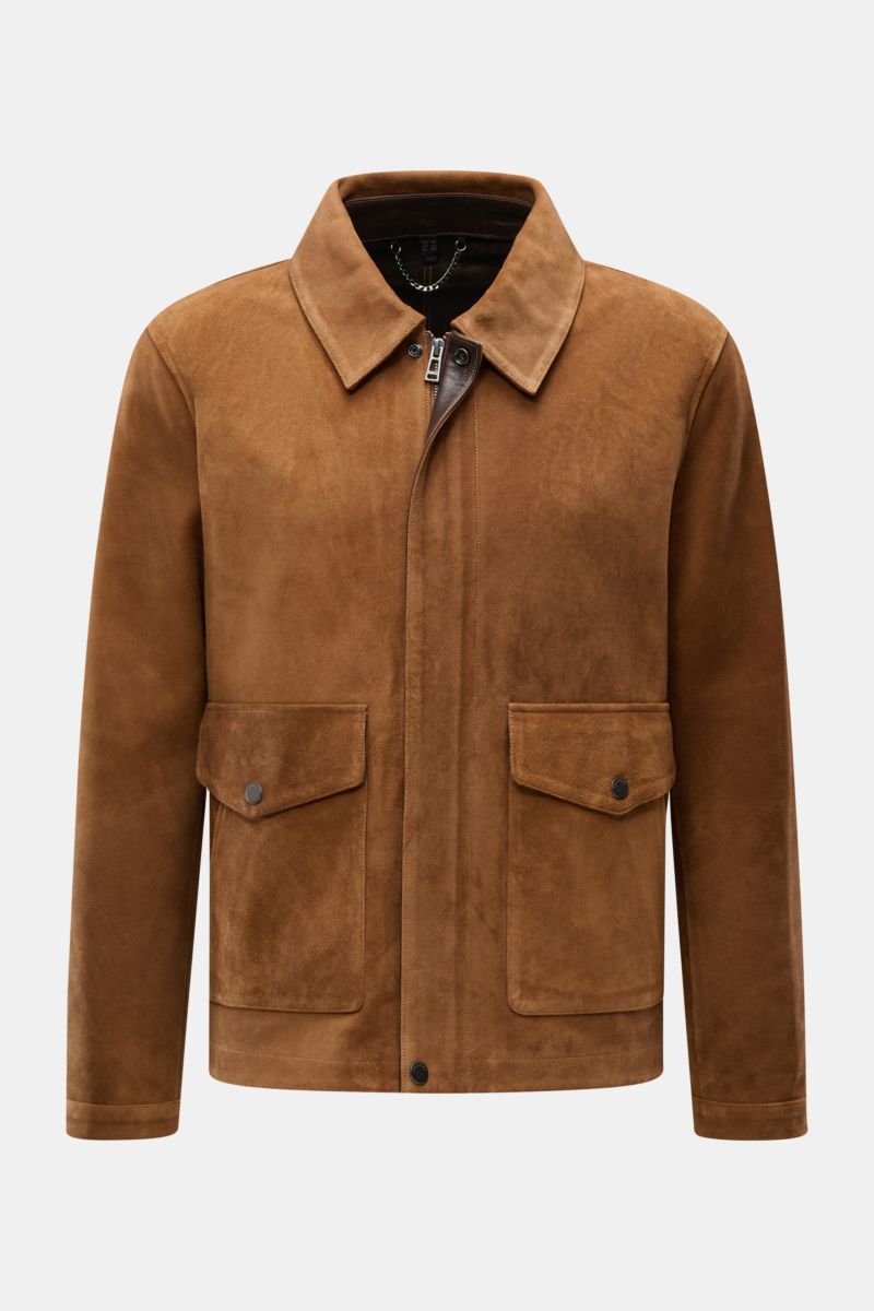 Front view of Belstaff Suede jacket 'Outland' brown, a slim fit, supple suede jacket with soft feel, robust zip, storm flap with snap buttons, turn-down collar, patch front pockets with snap buttons, side slit pockets, BELSTAFF label on upper sleeve, slee