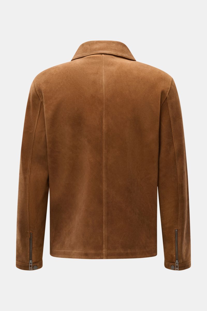 Rear view of Belstaff Suede jacket 'Outland' brown, an urban classic for spring with supple suede, slim fit, storm flap, zip cuffs, and unconstructed design.