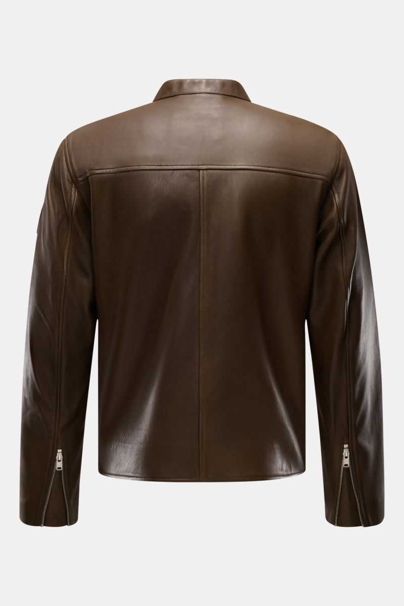 Rear view of Belstaff Leather jacket 'Track Racer' dark brown in soft lambskin, slim fit with sleeve zip cuffs and narrow collar.

Description: A clean biker look from BELSTAFF: The leather jacket 'Track Racer' in soft lambskin embodies the spirit of a