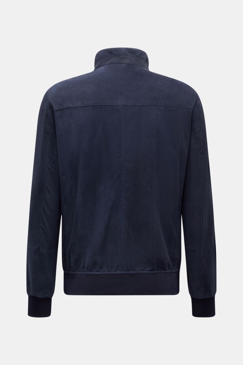 Mandelli Veloursleder-Blouson navy in Slim Fit, Rückansicht, Ziegen-Veloursleder, Stehkragen, elastische Bündchen, ungefüttert, zwei Innentaschen.