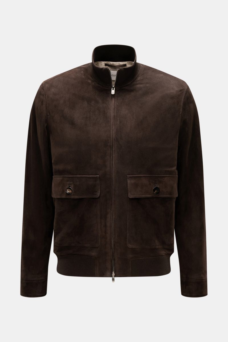 Agnona Suede blouson dark brown shown from the front, featuring premium suede with a smooth touch, slim fit, high-closing standing collar, concealed two-way zip, patch front pockets with buttoned flaps, elasticated ribbed cotton-silk bands at hem and cuff