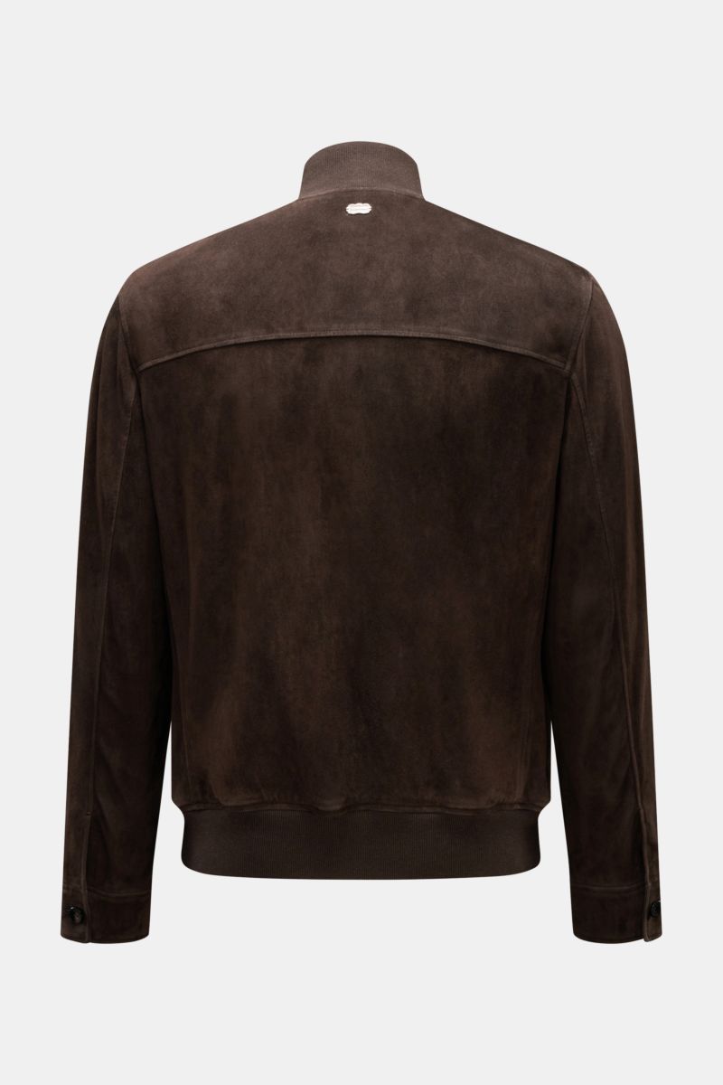 Rear view of Agnona Suede blouson dark brown in premium suede with slim fit, high collar, ribbed bands, button cuffs, and metal emblem.