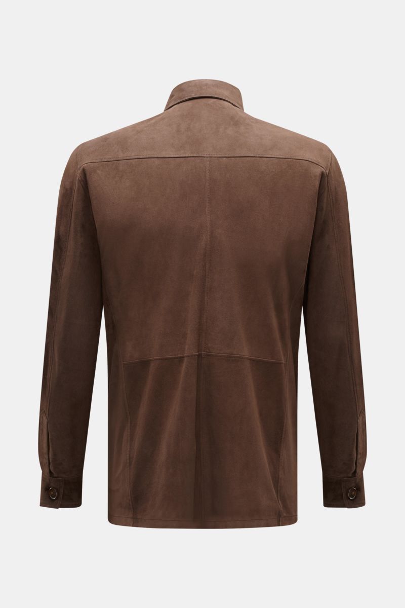 Back view of Rifugio Suede jacket dark brown, showcasing supple suede, soft feel, slim fit, turn-down collar, sleeves with cuffs, and unconstructed design.