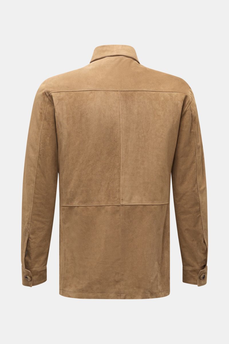 Rückansicht der Rifugio Velourslederjacke hellbraun aus samtig-weichem Veloursleder mit Slim Fit, Umlegekragen und Manschettenärmeln.