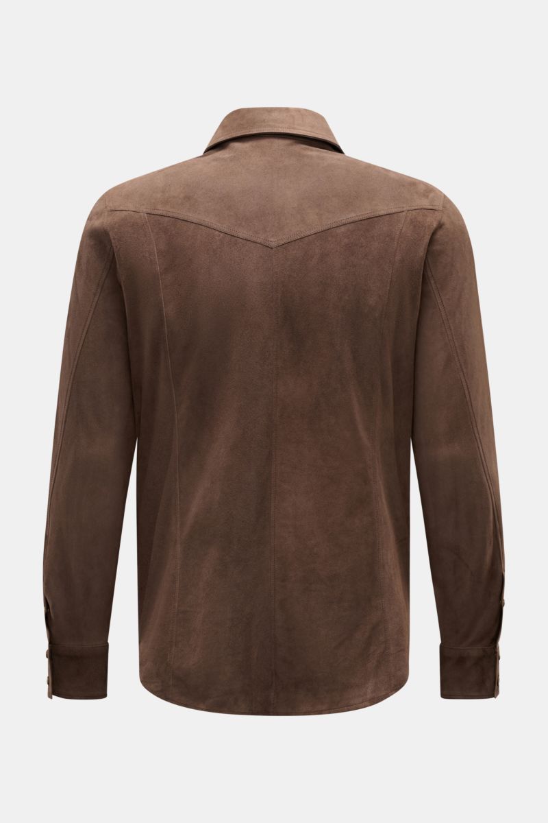 Back view of Rifugio Suede jacket dark brown in supple lambskin suede with a soft feel, slim fit, turn-down collar, and rounded hem.