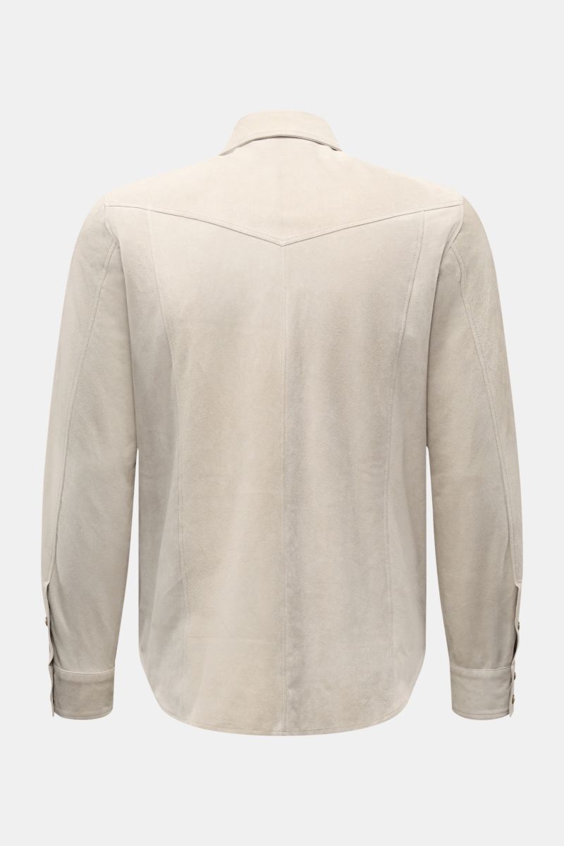 Rückansicht der Rifugio Velourslederjacke hellgrau aus geschmeidigem Lammvelours, Slim Fit, mit Umlegekragen und Manschetten.