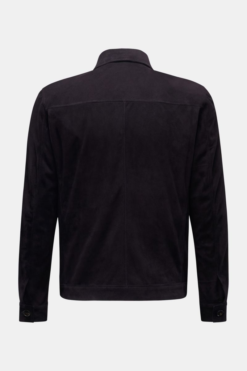 Back view of the Rifugio Suede jacket dark navy showcasing confident elegance and exquisite workmanship in smooth suede with a slim fit, five-button placket, turn-down collar, patch front pockets with flap, sleeves with cuffs, unconstructed design, and tw