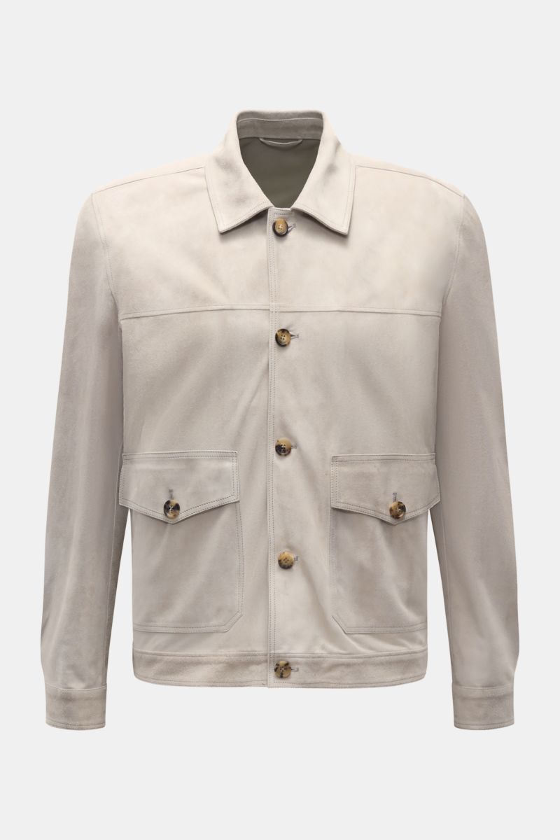 Front view of Rifugio Suede jacket light grey, showcasing smooth suede, slim fit, five-button placket, turn-down collar, patch front pockets with flap, sleeves with cuffs, unconstructed design, soft feel, and two inside pockets. Confident elegance meets e