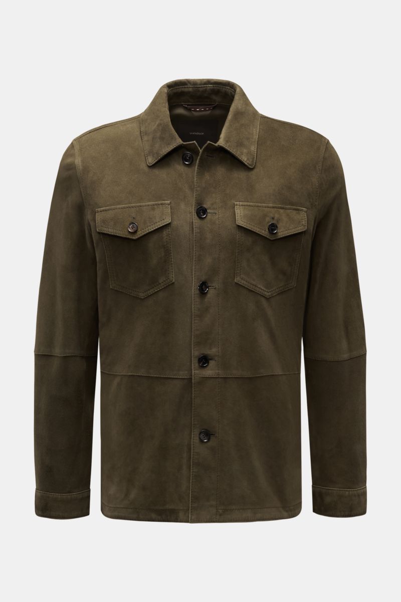 Front-facing view of Windsor Velourslederjacke 'Olfano' dark olive, a slim fit, soft goat suede jacket with a fold-down collar, five-button placket, flap chest pockets, cuffed sleeves with buttons, and unlined design, perfect for transitional seasons.