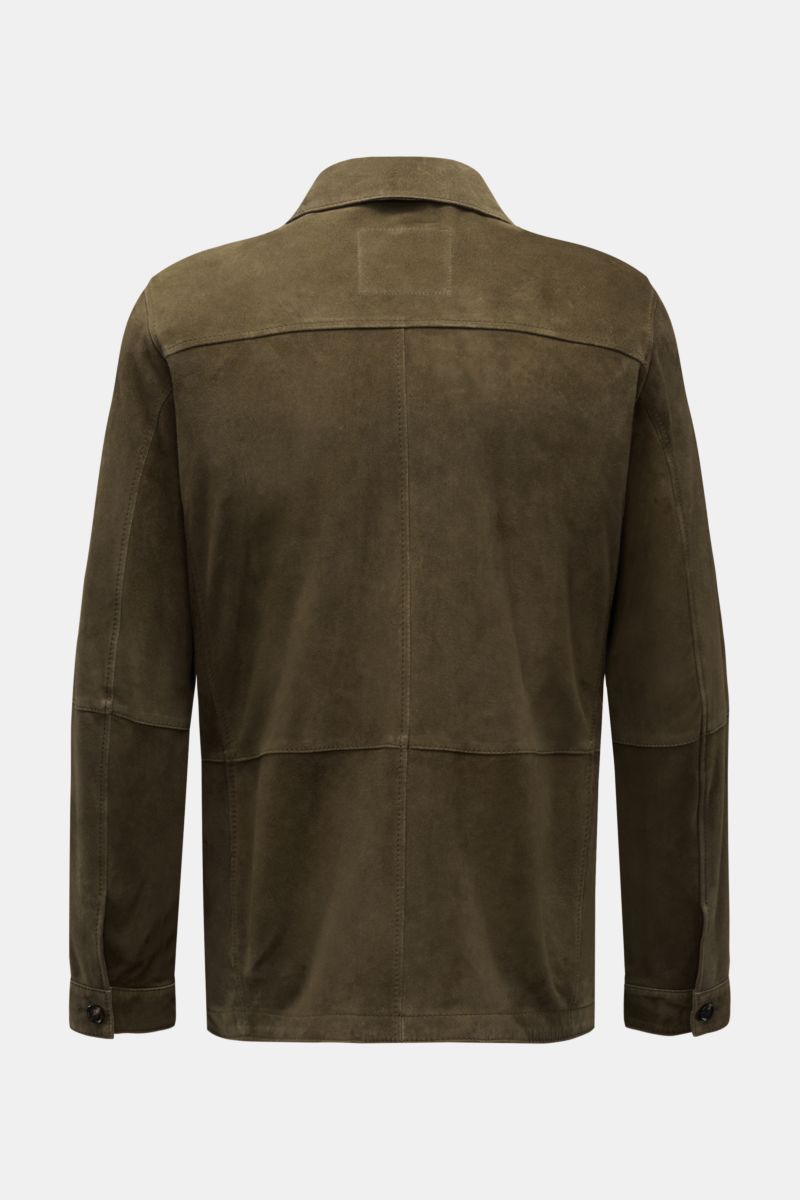 Back view of the Windsor Velourslederjacke 'Olfano' dark olive, a lightweight, slim fit jacket made from soft goat suede with cuffs, flap chest pockets, five-button placket, and unlined design.