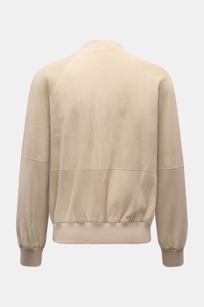 Arma Veloursleder-Blouson 'Dion' beige, Slim Fit, ungefüttert, aus feinem Ziegenvelours, Rückansicht mit elastischen Rippbündchen und Blousonkragen.