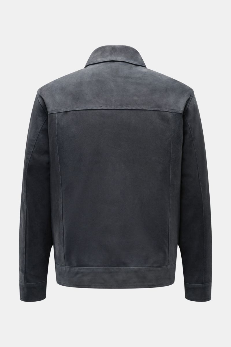 Arma Velourslederjacke 'Kale' anthrazit, Slim Fit, softes Veloursleder, Umlegekragen, Rückansicht, weicher Griff, zwei Innentaschen, Zwei-Wege-Reißverschluss.