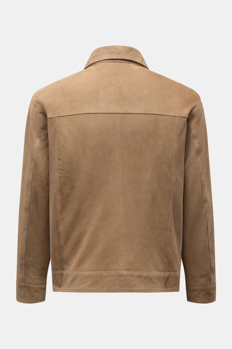 Arma Velourslederjacke 'Kale' taupe, Rückansicht, softes Veloursleder, Slim Fit, Umlegekragen, zwei Innentaschen, zwei-Wege-Reißverschluss.