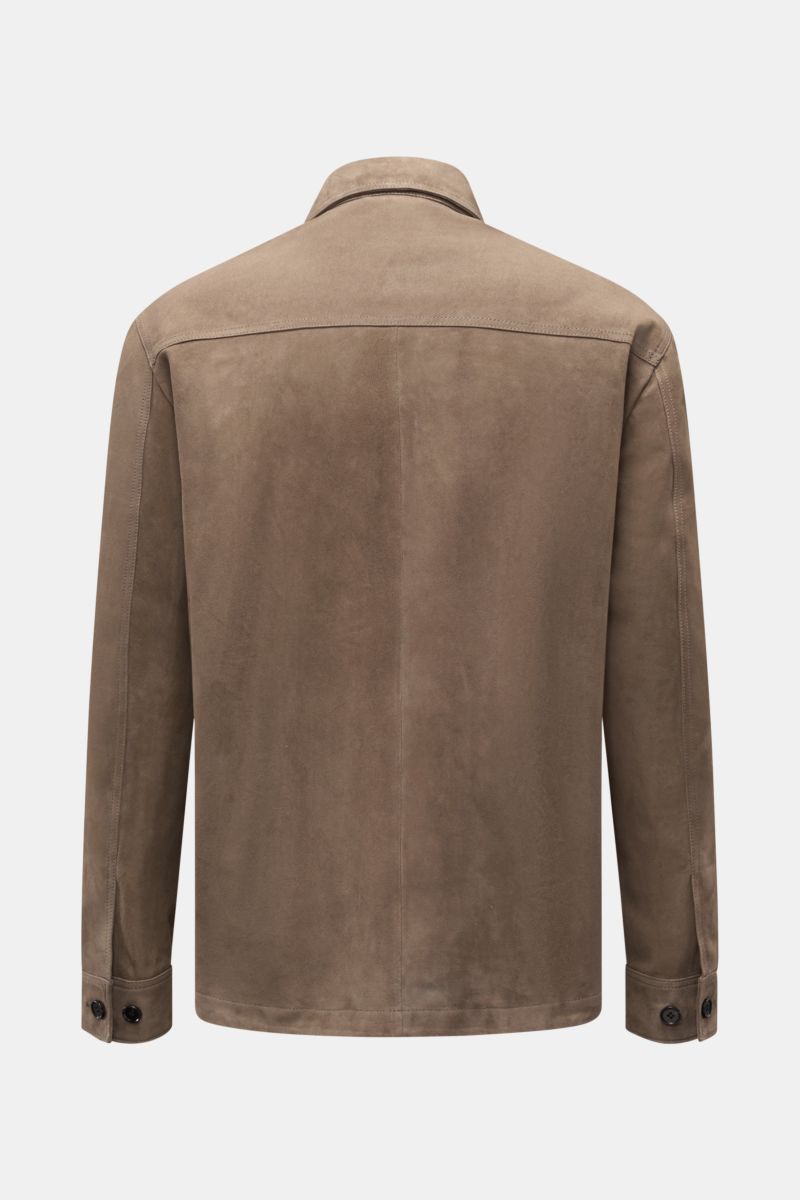 Arma Velourslederjacke 'Mex' khaki, Rückansicht, softes Veloursleder, Slim Fit, Umlegekragen, 5-Knopf-Leiste, Ärmel mit Knopf, vier Fronttaschen.