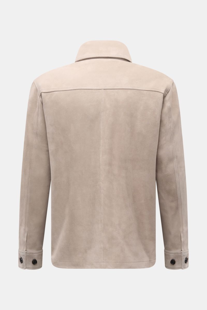 Rückansicht der Arma Velourslederjacke 'Mex' hellgrau aus softem Veloursleder mit Umlegekragen, Slim Fit, Ärmelknöpfen und glattem Futter.