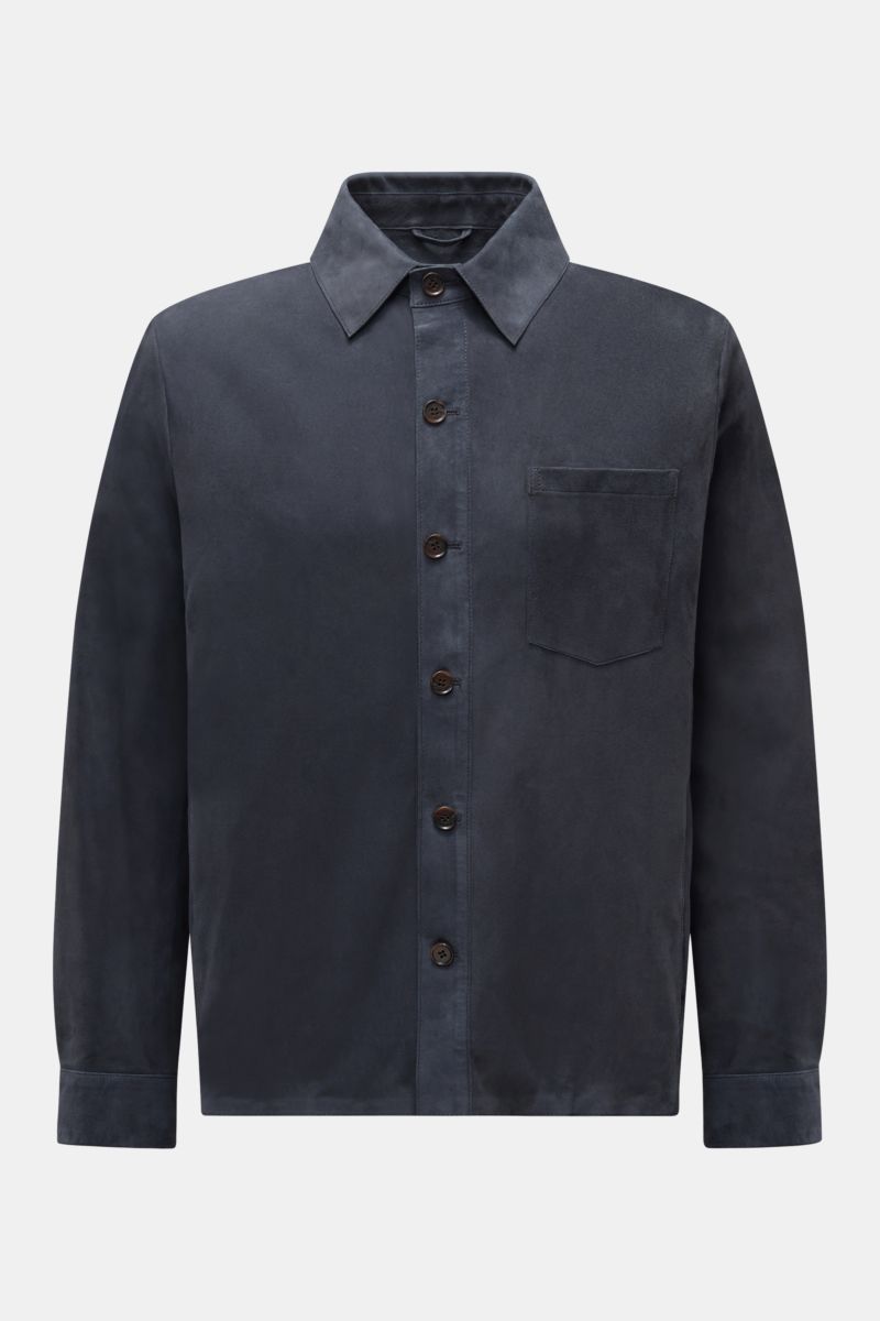 Front view of Arma Velourslederjacke 'Dino' navy, a slim fit Veloursleder jacket with soft grip, six-button placket, three front pockets, buttoned cuffs, unconstructed design, and a classic collar, perfect as a stylish companion for transitional seasons.