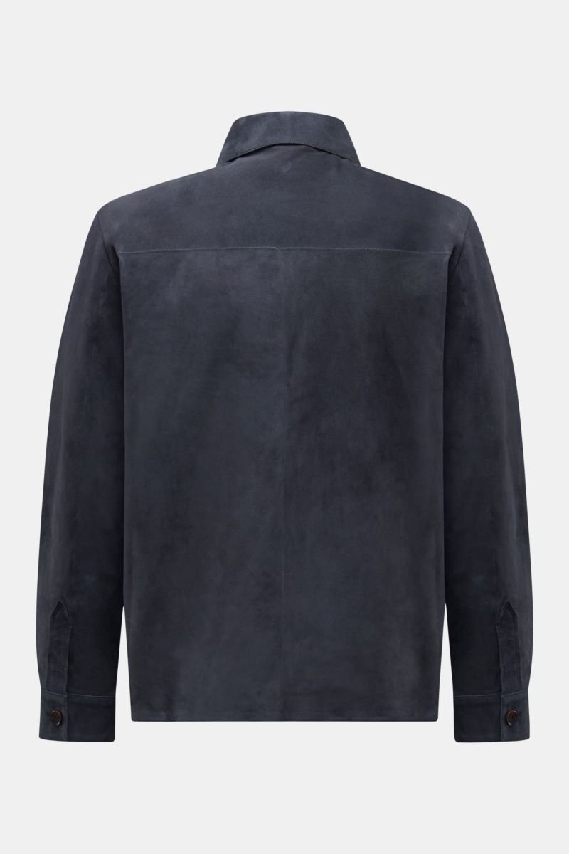 Back view of Arma Velourslederjacke 'Dino' navy in soft veloursleder, slim fit with unconstructed design, buttoned cuffs, and collar.