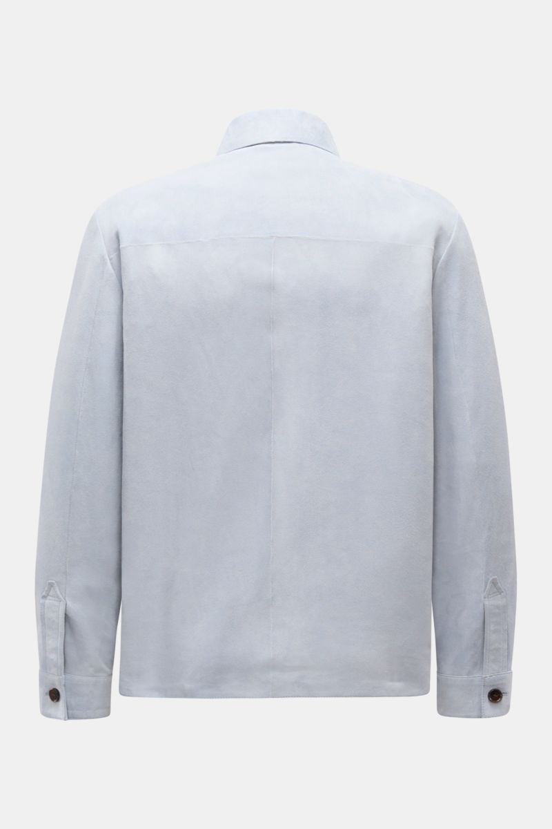 Arma Velourslederjacke 'Dino' rauchblau, Rückansicht, softes Veloursleder, Slim Fit, Umlegekragen, sechs Knöpfe, Ärmel mit Knopf, drei Fronttaschen, unconstructed Design.