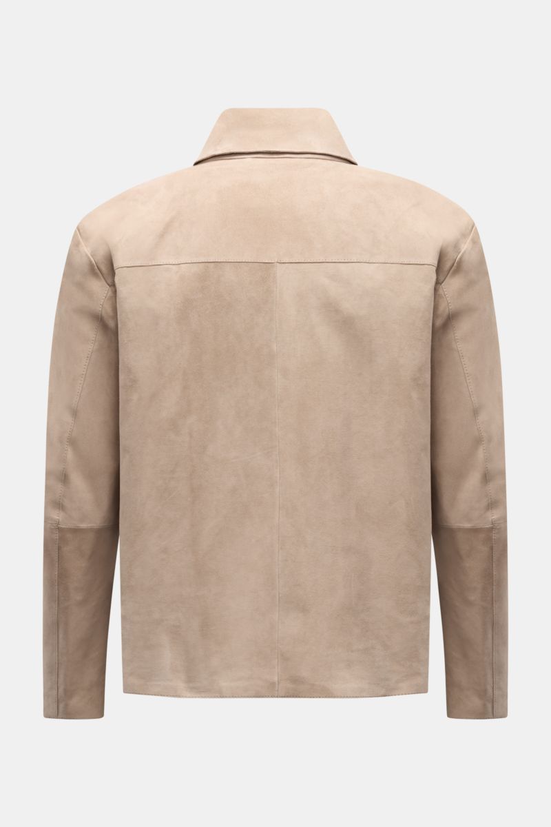 Arma Velourslederjacke 'Hardin' beige, Rückansicht, Slim Fit, geschmeidiges Ziegenveloursleder, weicher Griff, Umlegekragen, Leistentaschen, robuster Metall-Reißverschluss, Unconstructed Design.
