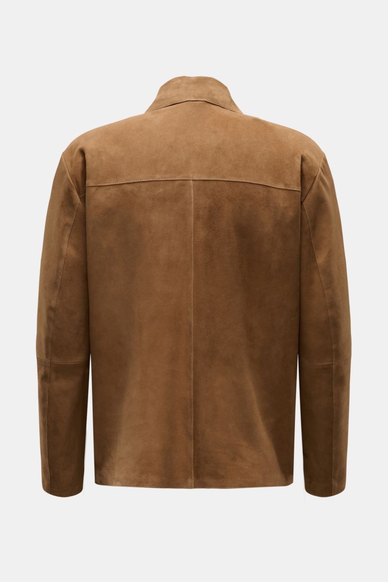 Back view of Arma Velourslederjacke 'Masis' hellbraun in soft goatskin suede, slim fit with unconstructed design, collar, and cuffed sleeves. Features smooth texture, robust metal zipper, slanted welt pockets with snap buttons, and ribbed hem, photographe