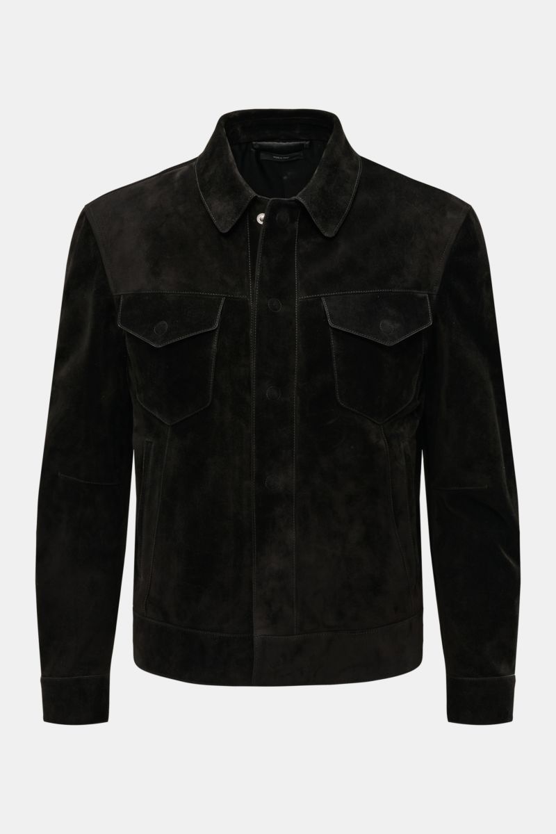 Front view of Tom Ford Velourslederjacke schwarz, a black suede slim fit jacket with flap chest pockets, concealed snap buttons, and adjustable waist tabs, made from finest cow suede with soft touch.

Additional content:
