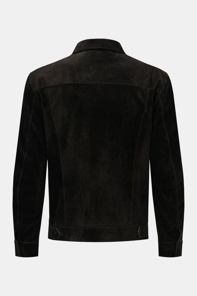 Back view of Tom Ford Velourslederjacke schwarz, slim fit black suede jacket with soft grip, collar, and adjustable waist tabs, photographed from behind.


