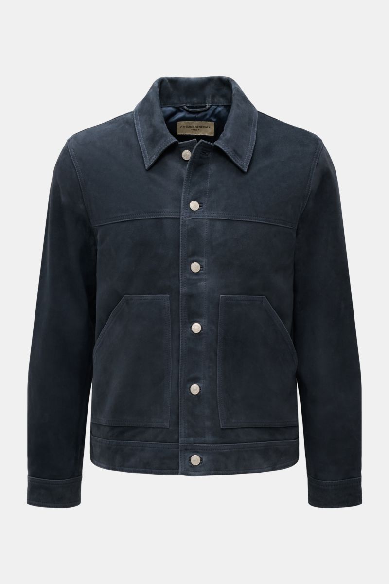 Officine Générale Velourslederjacke 'Loki' graublau front view, slim-fit goat suede jacket with six-button placket, collar, patch pockets, cuffed sleeves.