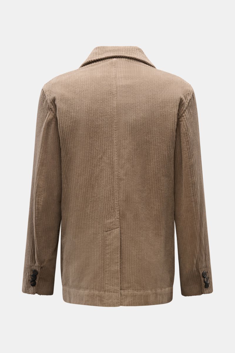 04651/ A trip in a bag Cord-Cabanjacke taupe, Rückansicht, Breitcord Baumwolle, Stretch, weich, garment dyed, Slim Fit, Knöpfe, Reverskragen, Taschen, halb gefüttert.