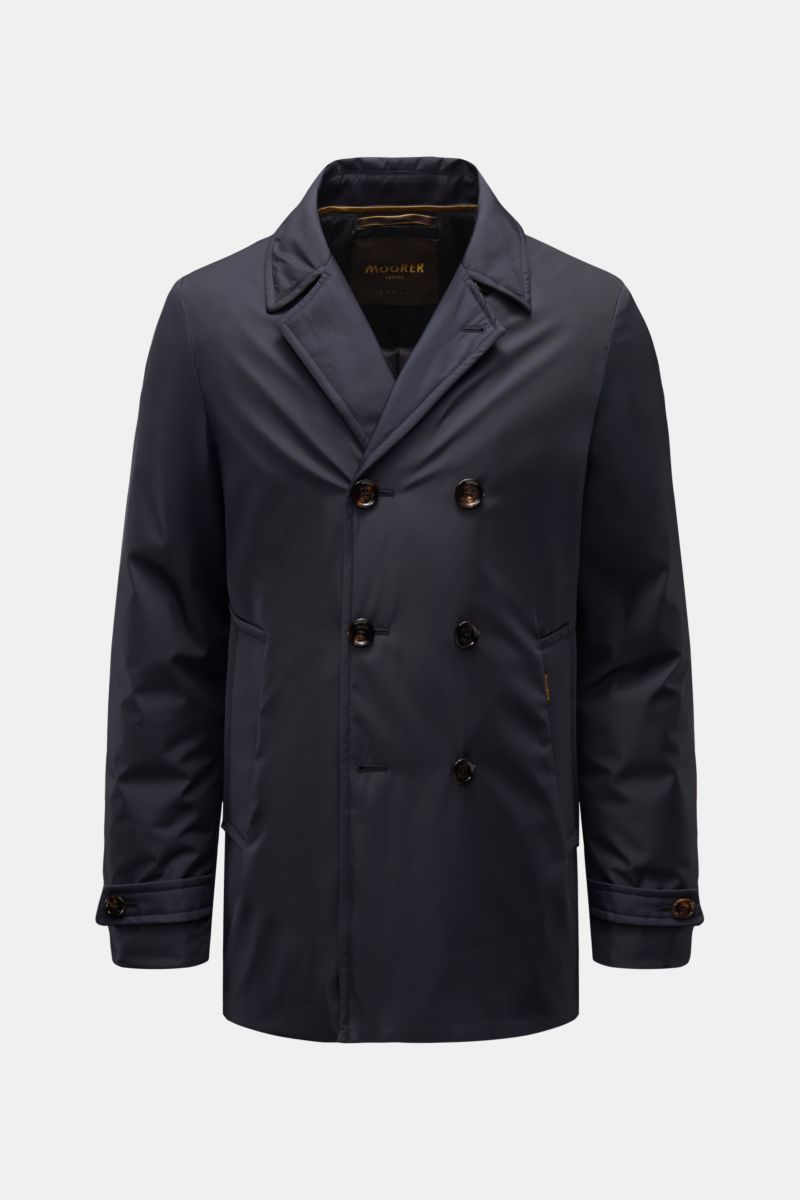 Front view of Moorer Daunenjacke 'Bolgi' navy, a slim fit double-breasted jacket in smooth silk-microfiber gabardine with down filling, water-repellent, windproof, with variable collar, angled welt pockets, buttoned cuffs, back vent, quilted lining, and t