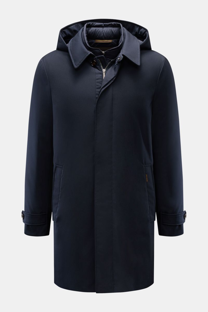 Front view of Moorer Short coat 'Elson' navy, a slim fit 2-in-1 jacket with detachable down lining, hood, two-way zip, storm flap, turn-down collar, slanted hip pockets, button cuffs, adjustable waist, smooth lining, and two inside pockets, made from a so