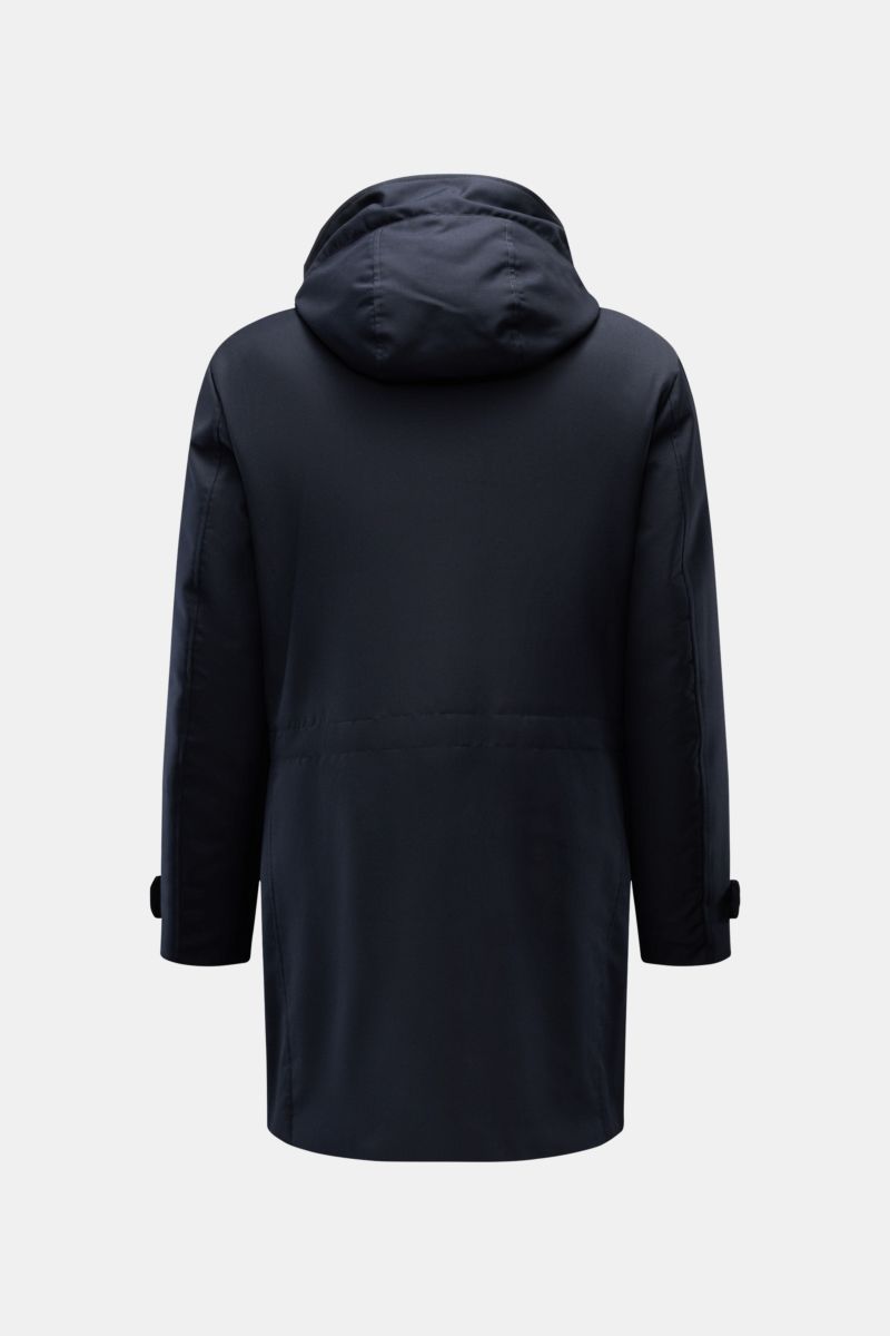 Back view of Moorer Jacke 'Elson' navy, a 2-in-1 coat with a detachable down jacket, slim fit, wind- and water-repellent, soft viscose and microfiber blend, hood with drawstring, buttoned cuffs, adjustable waist, two inner pockets, smooth lining, angled w