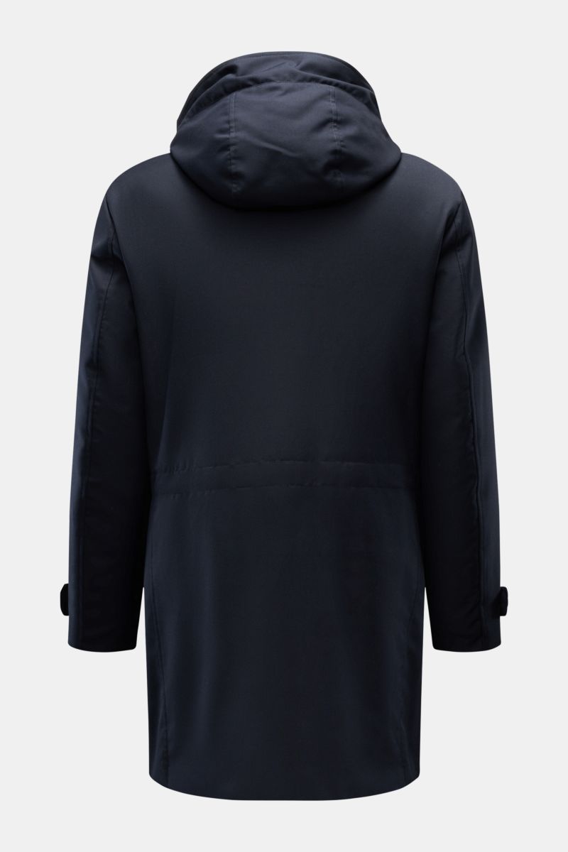 Rear view of Moorer Short coat 'Elson' navy, a slim-fit, wind and water repellent 2-in-1 jacket with detachable down jacket, hood, and adjustable waist.