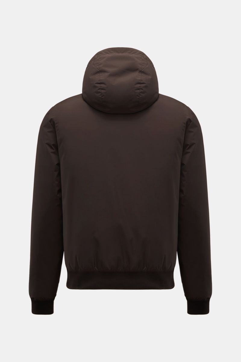 Rear view of Moorer Down blouson 'Oniro' dark brown, a slim-fit, sporty jacket with a drawstring hood, ribbed bands, and water repellent microfiber fabric. Maximum function in incredibly lightweight fabric: The sporty down blouson 'Oniro' has a warm down 