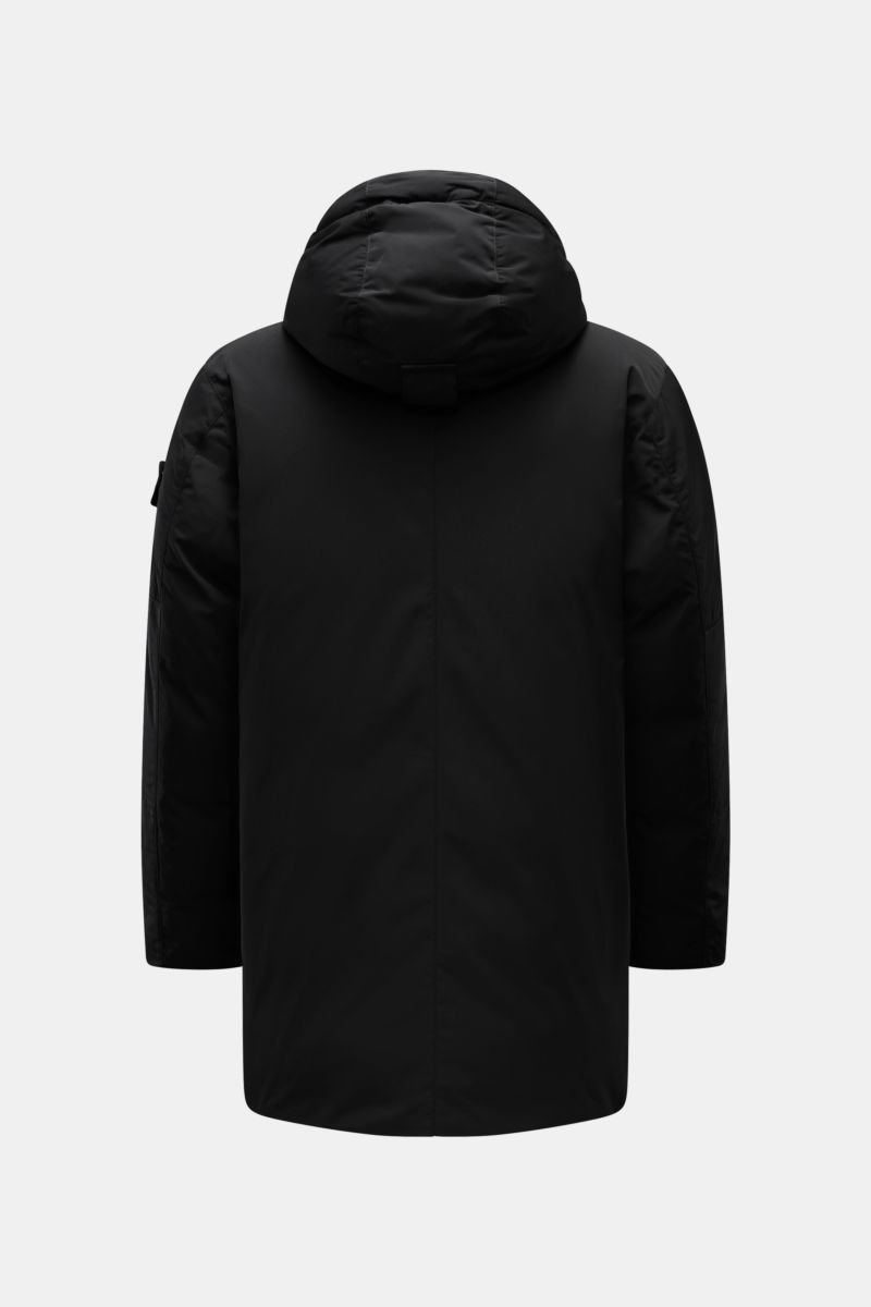 Stone Island Daunenparka 'Micro Twill Down' schwarz, Rückansicht, Kapuze mit Tunnelzug, wasserabweisend, wärmend, Regular Fit, Kompass-Badge, praktische Taschen.