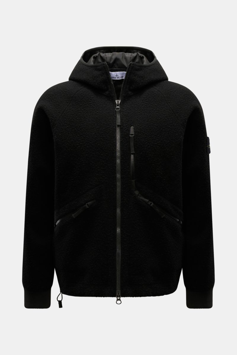 Front view of Stone Island Jacket 'Panno Ratinato' black, a functional hooded jacket with wool-microfibre blend, two-way zip, zip pockets, breast pocket, raglan sleeves, ribbed bands, adjustable hem, and smooth lining, designed for colder months with a ra