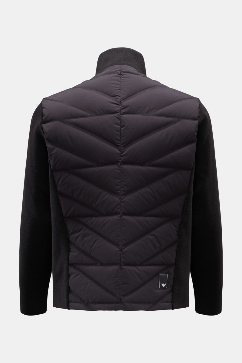 Back view of Emporio Armani Daunenjacke dark navy with quilted microfiber body, knit sleeves, stand collar, zipper pockets, and slim fit.