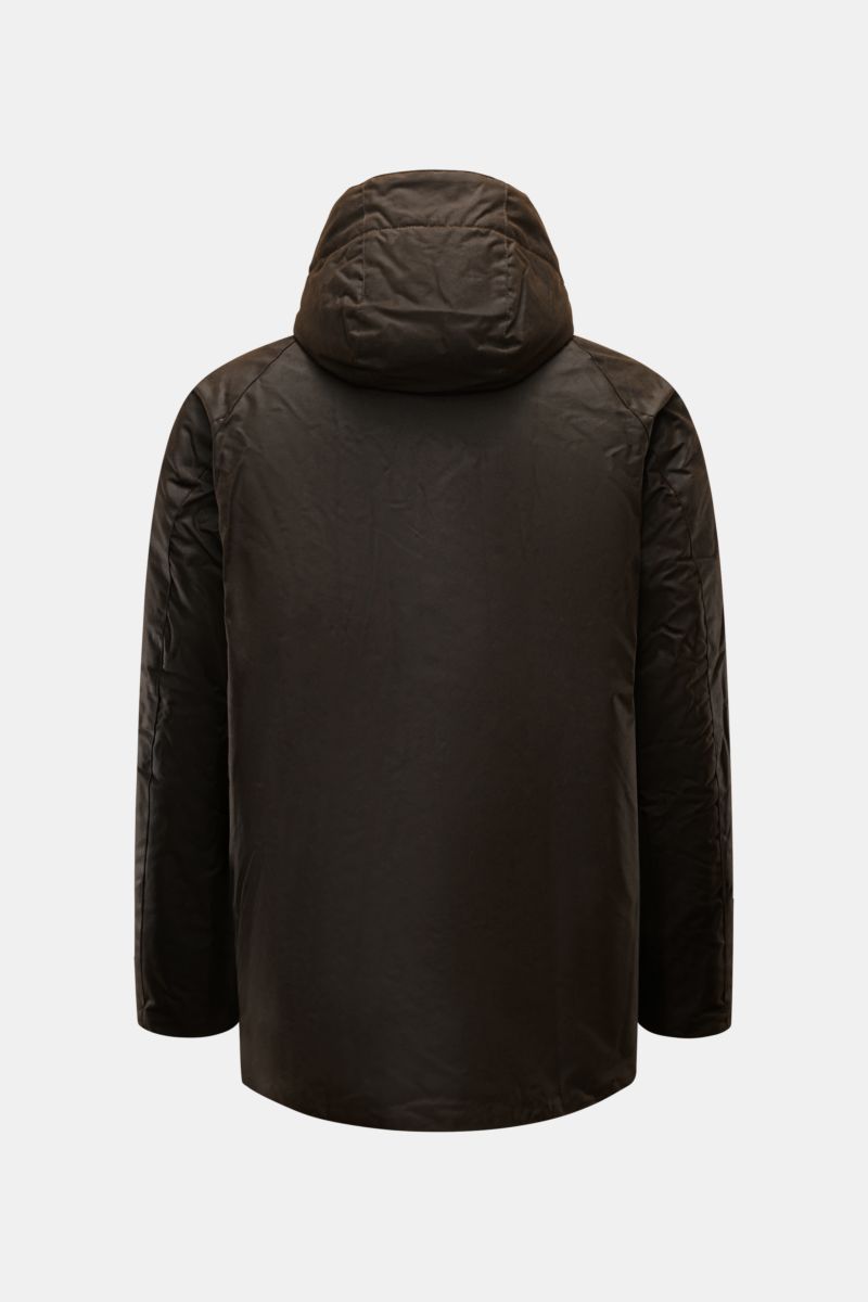 Barbour Wachsjacke 'Modern Beaufort' dark olive, Rückansicht, gewachste Baumwolle, wattiert, abnehmbare Kapuze, Regular Fit, wasserabweisend, mit Taschen.