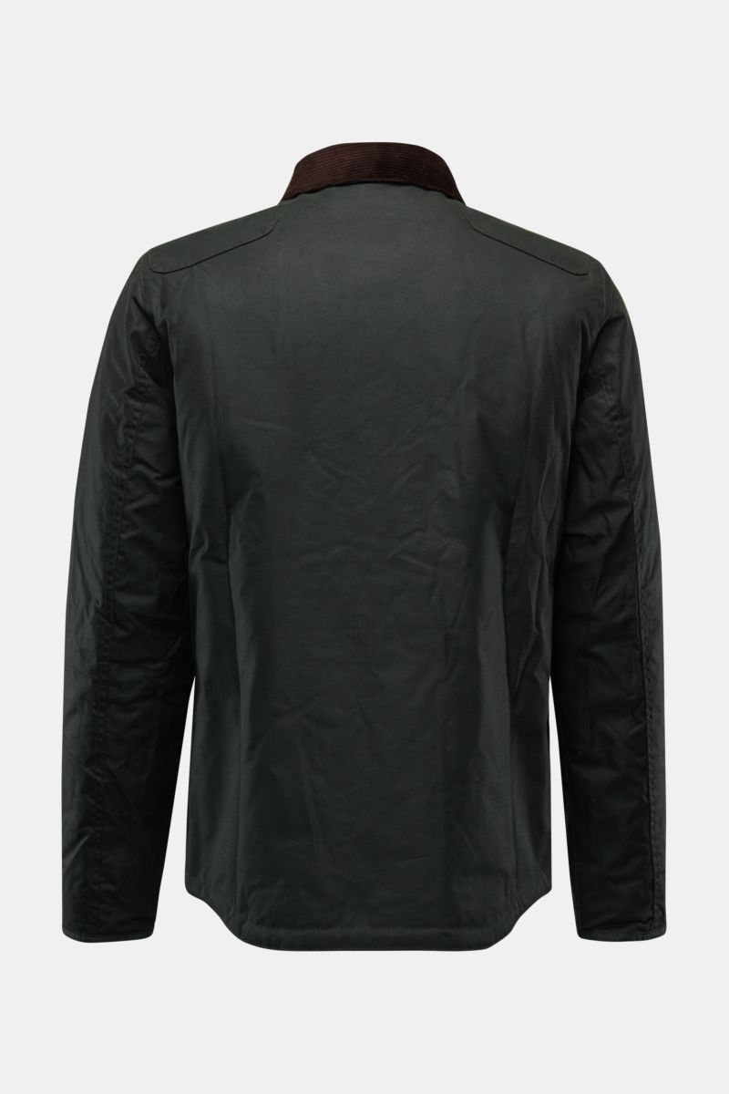 Barbour Wachsjacke 'Reelin Wax' dark olive, Rückansicht, gewachste Baumwolle, leichte Wattierung, Cordkragen, wasserabweisend, Slim Fit, Tartan-Futter.