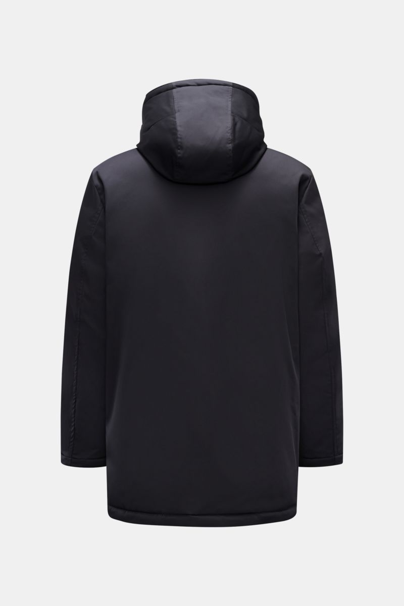 Rear view of Fay Down jacket 'Hooded Caban' navy, casual down jacket with padded hood and high-closing standing collar, stretchy microfibre, lightweight down lining, regular fit, two-way zip, slanted hip pockets, smooth lining, and one inside pocket. Stay