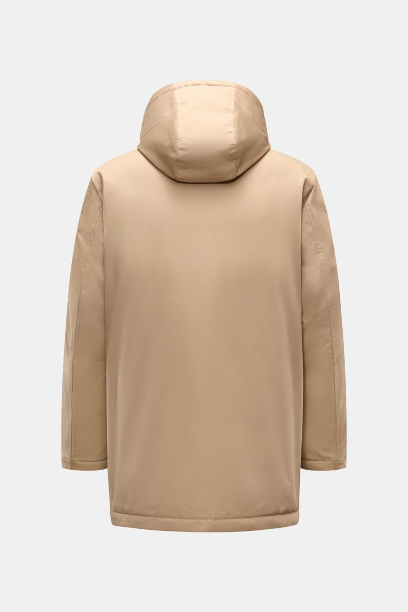 Back view of Fay Down jacket 'Hooded Caban' sand in stretchy microfibre with padded hood, regular fit, slanted hip pockets, and two-way zip.

Description: Stay in style during the colder months: The casual down jacket 'Hooded Caban' by FAY will keep yo