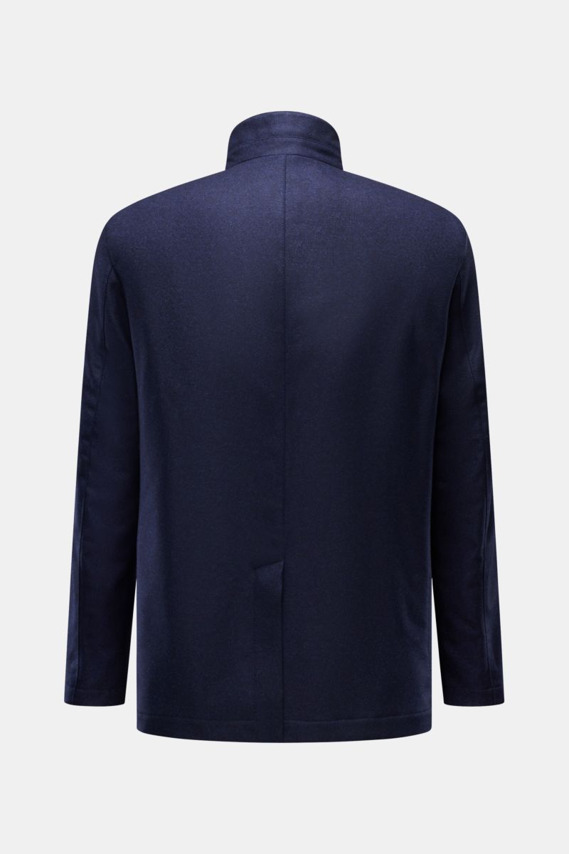 Back view of Fay Jacket navy in pure wool, slim fit with standing collar, centre back vent, and tonal lining.

This model in high-quality, pure wool has a straight cut with signature standing collar that makes it a classic for the transitional period a