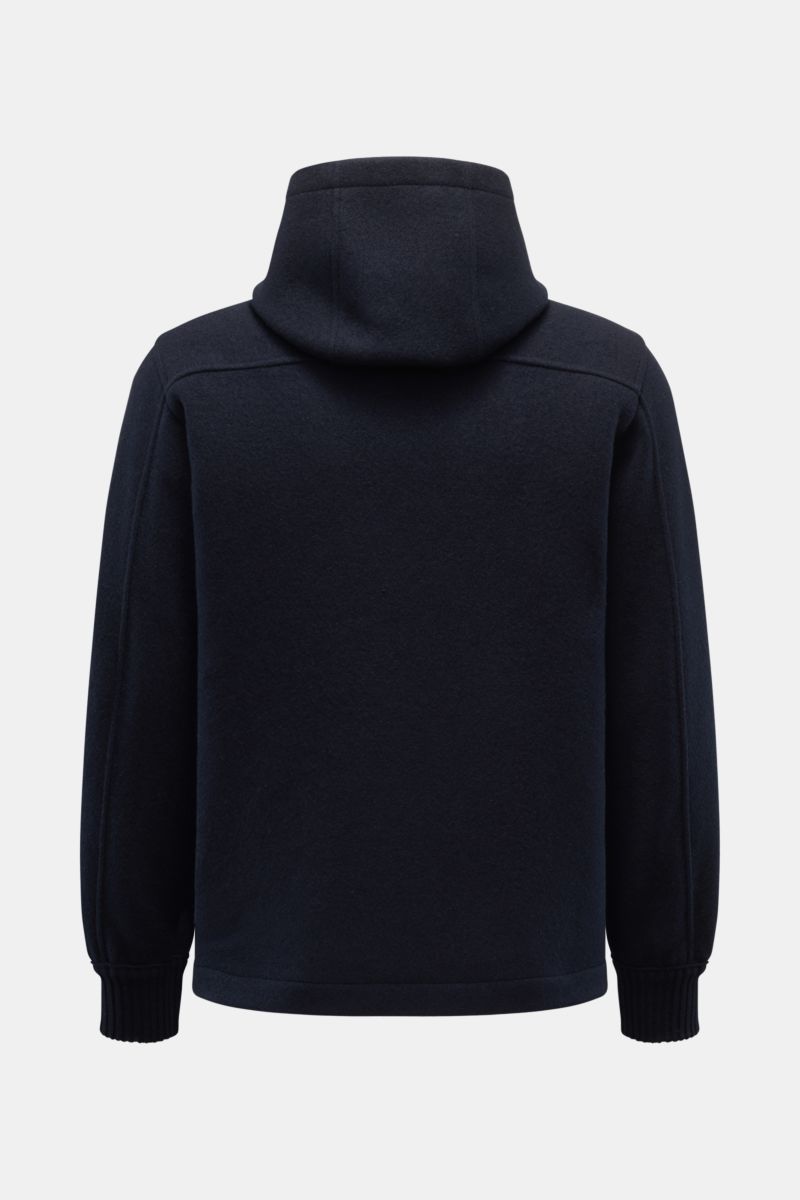 Rückansicht der Lunaria Cashmere Cashmere Jacke navy aus 100 % gewalktem Cashmere, ungefüttert mit Kapuze, Slim Fit, elastischen Bündchen und Zwei-Wege-Reißverschluss.