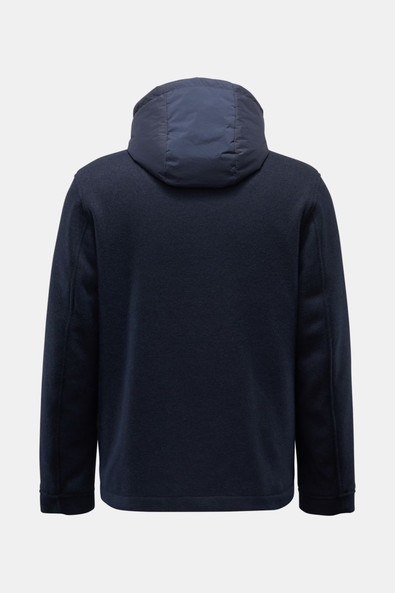 Woolrich Jacke 'Knitted Wool Shirt Jacket' taupe shown from the back, jersey of microfiber, wool, cotton, soft touch, slim fit, hood with drawstring, double-front elastic microfiber, light recycled Primaloft padding, snap button placket, two-way zipper, t