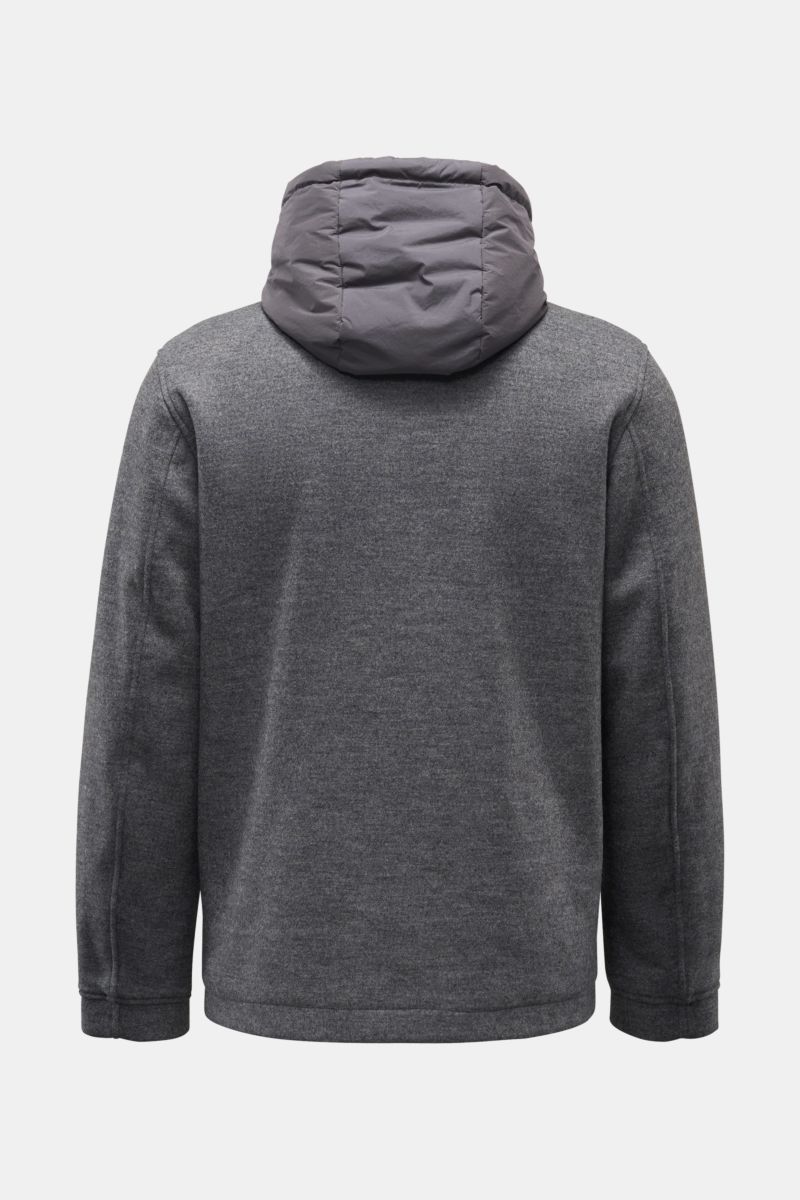 Back view of Woolrich Jacke 'Knitted Wool Shirt Jacket' taupe, jersey made of high-quality microfiber, wool, and cotton, soft touch, double-front elastic microfiber, light Primaloft padding (recycled microfiber), slim fit, snap button placket, two-way zip